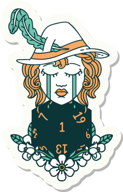 Ağlayan bir insan şairin çıkartması ve bir insan tarafından çizilmiş doğal bir D20 zar.