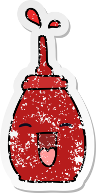 Bir insan tarafından çizilmiş acayipçe çizilmiş kırmızı sosun sıkıntılı çıkartması.