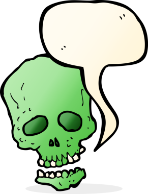 Bir insan tarafından çizilmiş, konuşma baloncuklu bir kafatası.