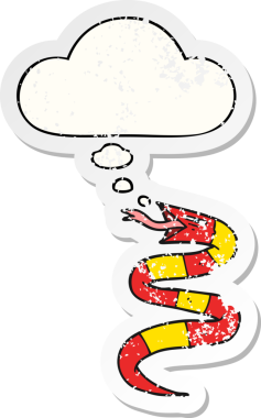 Düşünce baloncuğu olan çizgi film yılanı, insan tarafından çizilmiş, yıpranmış bir çıkartma gibi.