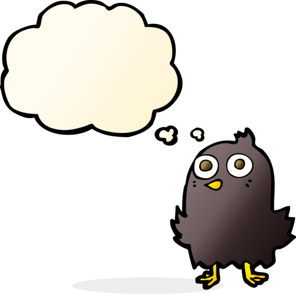 Bir insan tarafından çizilmiş düşünce baloncuklu komik çizgi film kuşu.