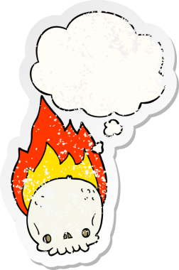 sıkıntılı yıpranmış etiket olarak düşünce balonu ile ürkütücü karikatür yanan kafatası