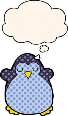 Çizgi roman tarzında bir insan tarafından çizilmiş düşünce baloncuğu olan penguen.