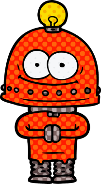 Bir insan tarafından çizilmiş ampullü mutlu karton robot.