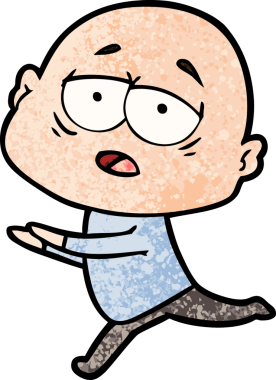 Bir insan tarafından çizilmiş yorgun, kel bir adam.