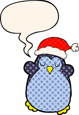 Bir insan tarafından çizilmiş çizgi roman tarzında konuşma balonu olan şirin bir Noel pengueni.
