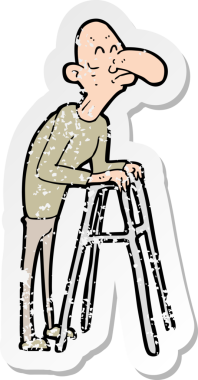 Bir insan tarafından çizilmiş yürüyen iskeleti olan yaşlı bir adamın karikatür yapıştırması.