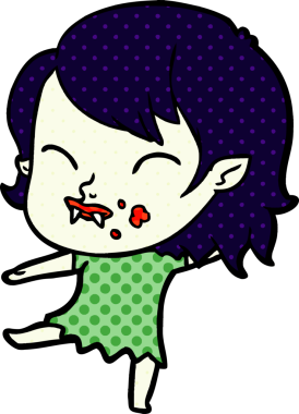 Bir insan tarafından çizilmiş yanağında kan olan vampir kız çizgi filmi.