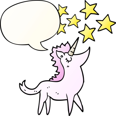 tek boynuzlu at çizgi filmi, konuşma baloncuğu ve bir insan tarafından çizilmiş düzgün bir gradyan stili.