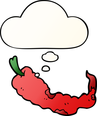 Düşünce baloncuğu olan kırmızı biber çizgi filmi bir insan tarafından çizilmiş.