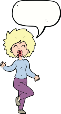 Bir insan tarafından çizilmiş konuşma balonuyla dans eden karikatür kadın.