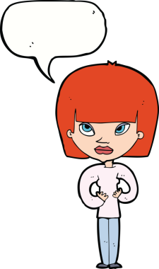 Bir insan tarafından çizilmiş bir konuşma balonuyla kendine el kol hareketi yapan bir karikatür kadını.