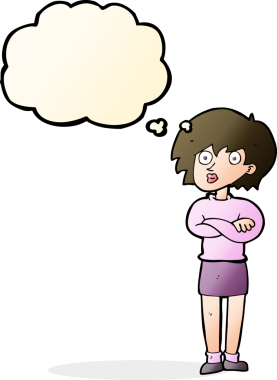 Bir insan tarafından çizilmiş düşünce baloncuğuyla kollarını kavuşturan çizgi film kadını.