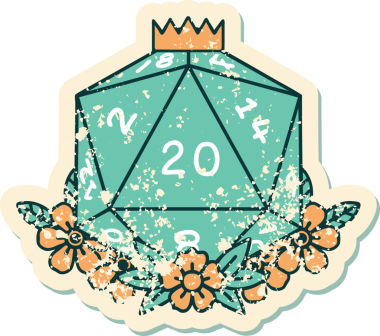 Bir insan tarafından çizilmiş çiçek elementleriyle 20 D20 zarının grunge sticker 'ı.