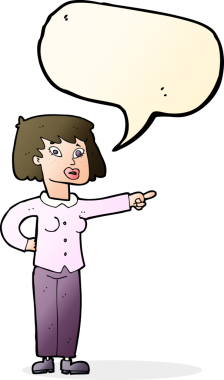 Bir insan tarafından çizilmiş bir konuşma balonuyla işaret eden çizgi film kadını.