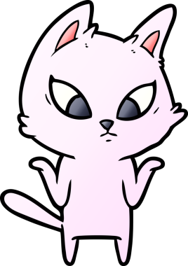 Bir insan tarafından çizilmiş kafası karışmış çizgi film kedisi omuz silkiyor.