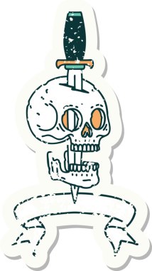 Bir insan tarafından çizilmiş kafatasının pankartıyla eski bir etiket.