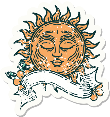 Bir insan tarafından çizilmiş güneşin bayrağı olan eski bir etiket