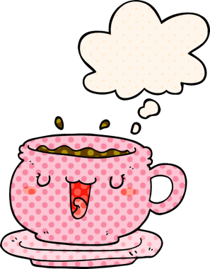 Bir insan tarafından çizilmiş çizgi roman tarzında düşünce baloncuğu olan tatlı bir çizgi film fincanı ve çay tabağı.
