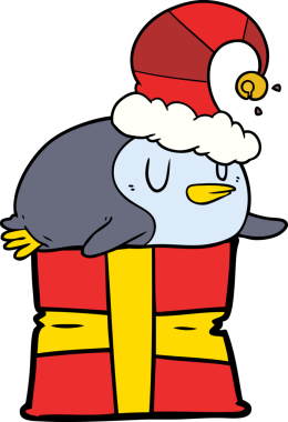 Bir insan tarafından çizilmiş noel şapkası giyen penguen çizgi filmi.