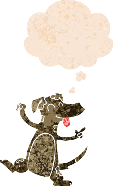 Düşünce baloncuğuyla dans eden çizgi film köpeğinin grunge 'de sıkıntılı retro tarzı bir insan tarafından çizilmiş.