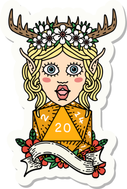 Bir insan tarafından çizilmiş 20 zarlı elf Druid karakterinin çıkartması.