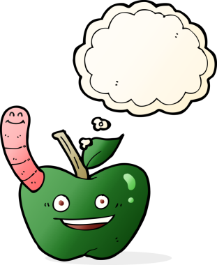 Bir insan tarafından çizilmiş düşünce baloncuğu solucanlı çizgi film elması