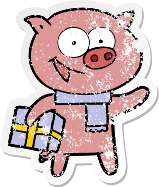 Bir insan tarafından çizilmiş Noel hediyeli neşeli bir domuzun sıkıntılı çıkartması.