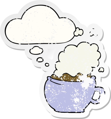 Düşünce baloncuklu çizgi film sıcak kahveyi insan tarafından çizilmiş yıpranmış bir çıkartma gibi düşün.