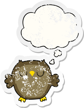 Düşünce baloncuğu olan karikatür baykuşu insan tarafından çizilmiş yıpranmış bir çıkartma.