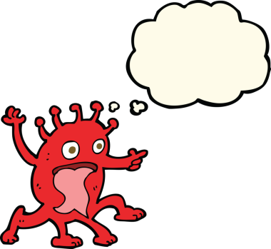 Bir insan tarafından çizilmiş düşünce baloncuğu olan garip bir uzaylı çizgi filmi.