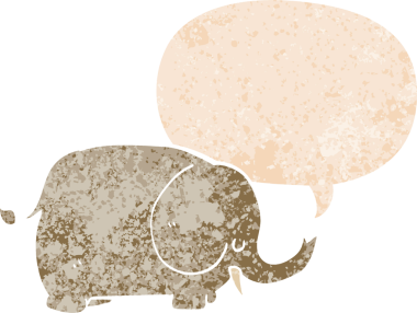 grunge 'da konuşma baloncuğu olan karikatür fili bir insan tarafından çizilmiş dertli retro tarzı.