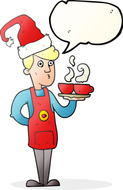 Yılbaşında bir insan tarafından çizilmiş kahve servisi yapan serbest konuşma balonu çizgi film barmeni.