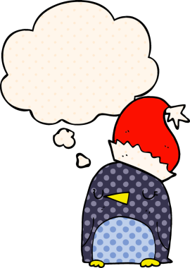 Bir insan tarafından çizilmiş çizgi roman tarzında düşünce baloncuğu olan şirin bir Noel pengueni.
