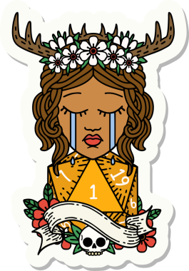 Ağlayan insan bir Druid 'in çıkartması. Bir insan tarafından çizilmiş doğal bir D20 rulosu.