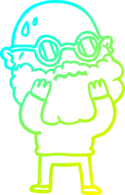 Bir insan tarafından çizilmiş sakallı ve gözlüklü endişeli bir çizgi film çizimi.