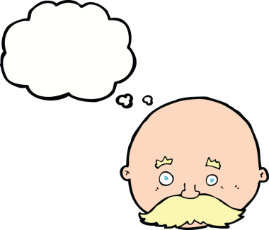 Düşünce baloncuğu çizilmiş bıyıklı kel bir adam.