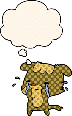 Çizgi roman tarzında düşünce baloncuğu olan üzgün bir köpek.