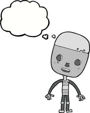 bir insan tarafından çizilmiş konuşma balonlu üzgün robot çizgi filmi.