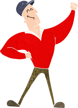 Bir insan tarafından çizilmiş kahramanca poz veren karikatür adamı.