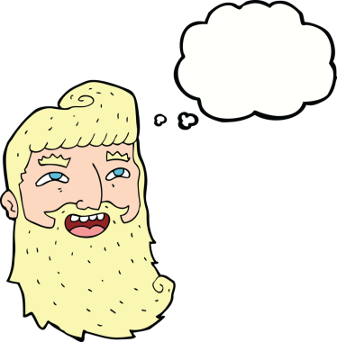 Bir insan tarafından çizilmiş düşünce baloncuğuyla gülen sakallı bir adam.