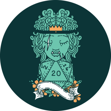 Bir insan tarafından çizilmiş 20 zarlı yarı ork barbar simgesi.