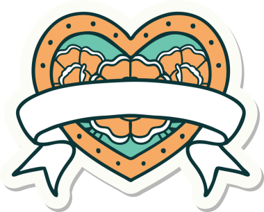 Geleneksel kalp stili dövme çıkartması ve bir insan tarafından çizilmiş çiçekli pankart.