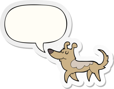 Bir insan tarafından çizilmiş konuşma balonu çıkartmalı çizgi film köpeği.