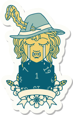 Ağlayan bir ork ozan karakterinin çıkartması. Bir insan tarafından çizilmiş doğal bir D20 rulosu.