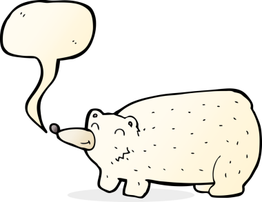 Komik karikatür kutup ayısı konuşma baloncuğu çizen bir insan