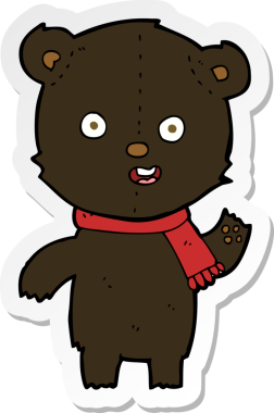 Bir insan tarafından çizilmiş eşarplı siyah ayı yavrusu sallayan bir çizgi film çıkartması.