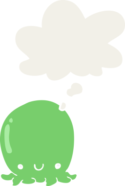 Bir insan tarafından çizilmiş düşünce baloncuğu olan sevimli ahtapot çizgi filmi.