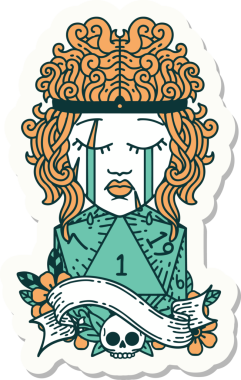 Bir insan tarafından çizilmiş doğal bir d20 rulo ile ağlayan bir insan barbarının çıkartması.