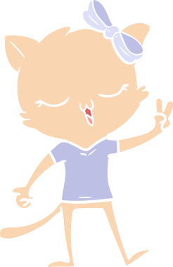 Düz renkli çizgi film kedisi. Başında fiyonk olan. Bir insan tarafından çizilmiş barış işareti.